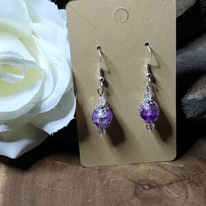 Hand Crafted Dangle Earrings With Purple & Clear Crackled Glass Beads
